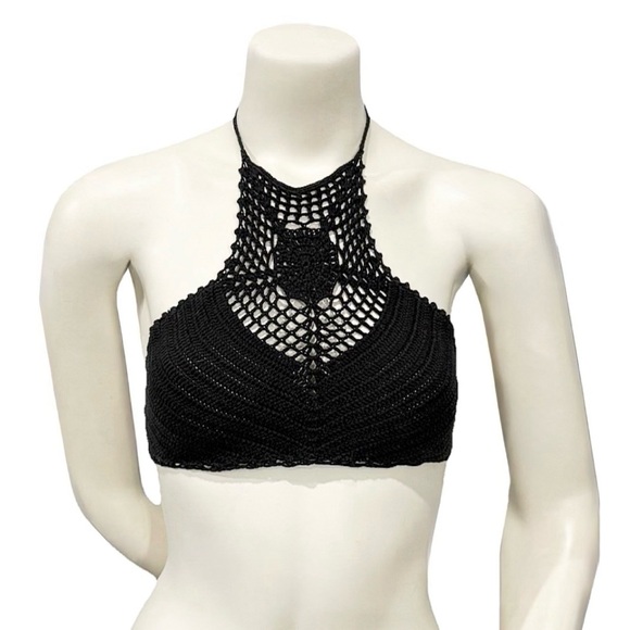 unbranded Tops - Black Crochet Halter Bralette Top XS Boho Festival Swim Cover Up